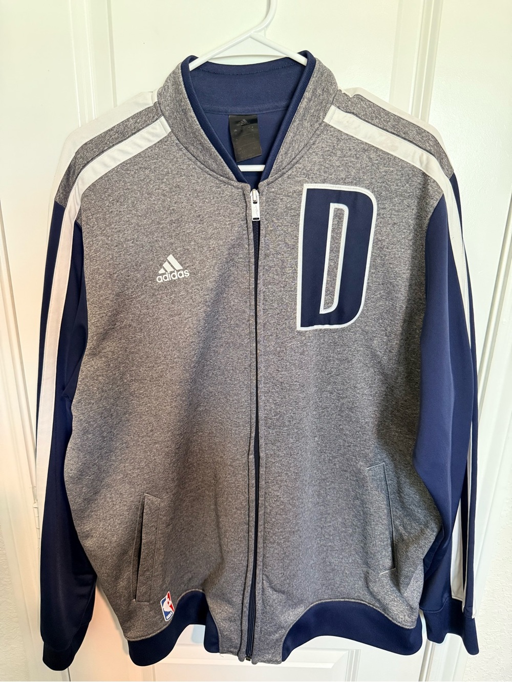 adidas Grey & Navy Track Bomber Jacket with 'D' Patch Dallas Mavericks, Mavs,